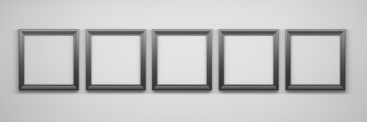 Wide banner with five black square frames on white background