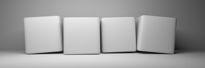 Wide banner with four white cubes on white background