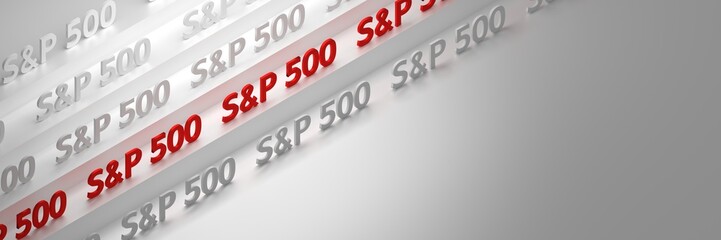 Wide banner with S&P 500, s and p 500 words arranged isometrically on white background with copy blank space
