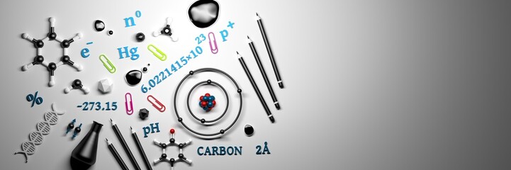 Wide banner with scientific objects - molecules, atom, DNA, pencils with copy blank space