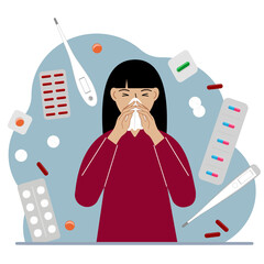 A woman covers his nose with his hands with a handkerchief. The concept of a cold person, seasonal allergies. Lots of medicines and thermometers.