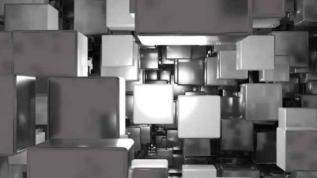 Abstract background - Randomly moving 3d metal cubes. Cube particles techno background. Render animation.