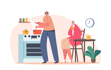 Young Woman Cooking on Kitchen with Elderly Female Character Sitting at Table Drinking Tea. Daughter with Old Mother