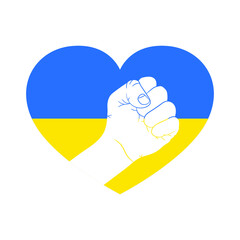 War in Ukraine. Raising hand with fist and heart shape. Conflict concept. Vector illustration. Freedom ukraine.