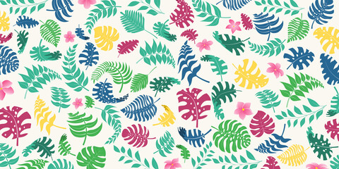 Background with exotic jungle plants. Tropical palm leaves and flowers. Rainforest illustration, multicolored on white