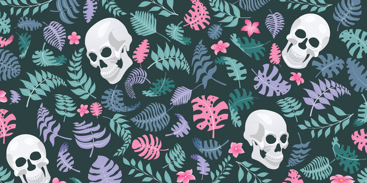 Background with exotic jungle plants and human skulls. Tropical palm leaves and flowers. Illustration for Mexican holiday Day of the Dead, Dia de los Muertos, in turquoise and pink colors