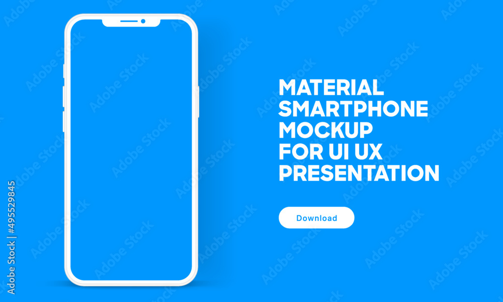 Aufkleber Minimalist flat smartphone with white blank screen. Smartphone mockup. Device front view. 3D white mobile phone with shadow. Stock vector. Material modern clay mockup for presentation ui ux.