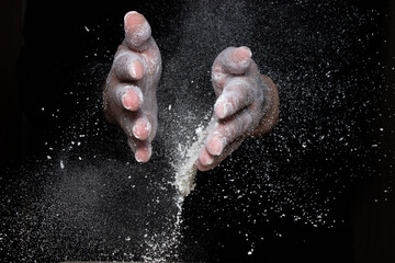 woman hands with flour, clapping