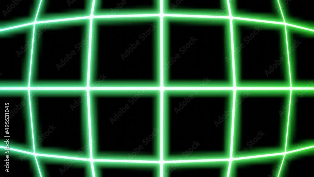 Poster moving curved neon grid. design. glowing cyber grid moves on black background. grid in retro cyberpu