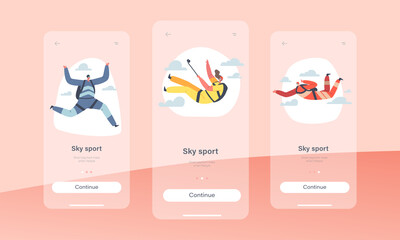 Sky Sport Mobile App Page Onboard Screen Template. Base Jumping, Parachuting Extreme Sports Activity, Recreation