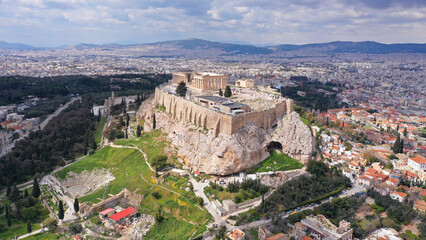 Aerial drone photo of unique Masterpiece of Ancient times the Parthenon on top of iconic Acropolis...