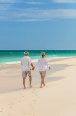 Fototapeta na wymiar Senior male and female walking barefoot on beach