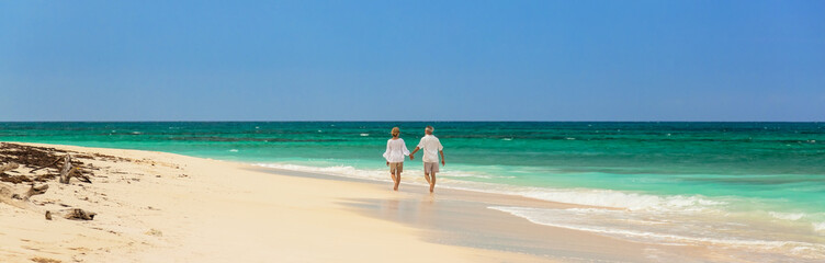 Panoramic view with loving seniors walking by ocean