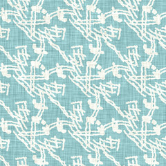 Aegean teal geo grid patterned linen texture background. Summer coastal living style wash check fabric effect. Sea green wash grunge distressed geometric grid. Home decor textile seamless pattern