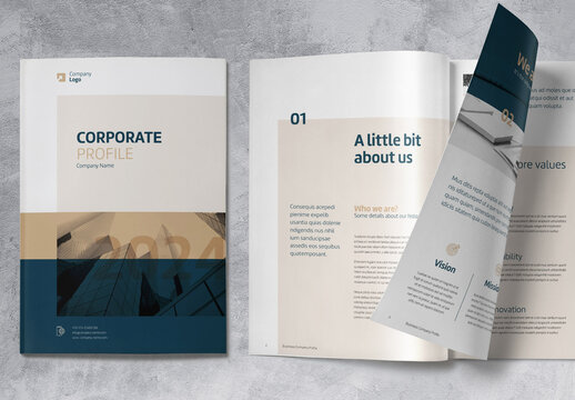Business Company Profile  Brochure with Blue and Gold Accents