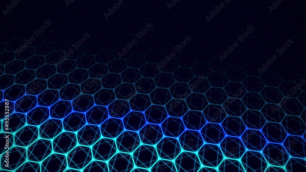 Poster Dynamic particles wave. Blue hexagons on black background. Digital landscape. 3d rendering. Futuristic hexagon illustration. HUD element.
