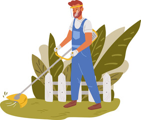 Gardener working on backyard and mowing lawn illustration