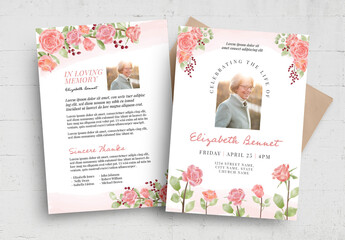 Funeral Program Obituary Flyer Poster with Pink Watercolor Roses Florals