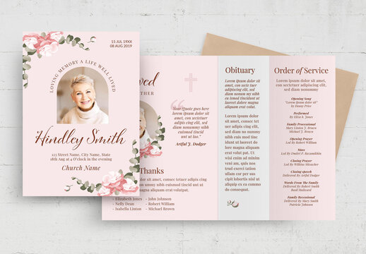 Pink Funeral Program Obituary Flyer Poster with Watercolour Florals