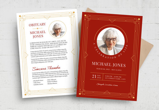 Red Gold Art Deco Funeral Program Obituary Layout