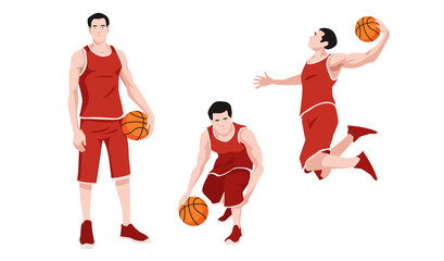 Vector illustration basketball. Basketball player with a ball in his hands in different poses stands, crouches and jumps in cartoon style. © MVshop
