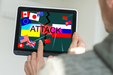 country flags and Ukrainian and Russian flag on the tablet