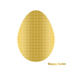 Vector white geometric lace on a golden Easter Egg on white background. Monochrome flat decorative greeting card design with Happy Easter text.