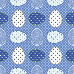 Vintage Happy Easter greeting background with blue eggs and colourful clovers for luck. Abstract seamless Vector geometric design for wrapping paper, greeting cards, seamless prints and posters.