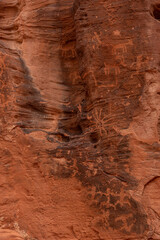 Overton, Nevada, USA - March 11, 2016: Valley of Fire. Portrait of ancient hieroglyps edged on black cover of red rock showin animals, humans, snakes, and more.