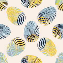 Simple flat Abstract seamless vector pattern with Easter Eggs decorated with random blue and yellow stripes. Suitable for web backgrounds, prints, wrapping paper and post cards.