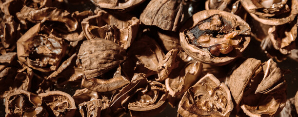 A lot of empty walnut shell. Textured background. Alternative fuel. Close-up. Copy space. Waste food. Brown color. Wallpaper. Banner. Beautiful still life on dark backdrop. Top view. Big heap. Mold