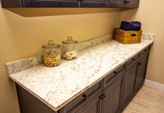 Laundry Room Counter Top With Glass Containers And Basket