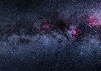 The Milky way. Cygnus constellation. Andromeda galaxy. Cygnus nebula. Landscape with Milky way galaxy. Night sky with stars. 
