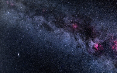 The Milky way. Cygnus constellation. Andromeda galaxy. Cygnus nebula. Landscape with Milky way galaxy. 