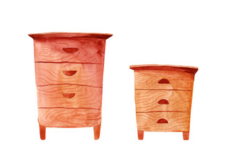 Wooden hive for bees isolated on white background. Beekeeping, honey. Watercolor illustration.