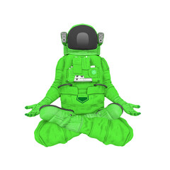 astronaut explorer is floating and also meditative doing yoga on white background front view