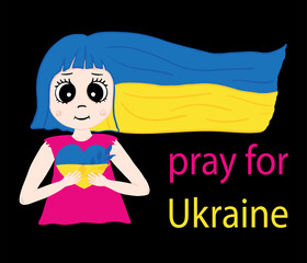 Girl hugs the heart of Ukraine. Pray for Ukraine. Flag of Ukraine concept of freedom and support. Vector illustration.