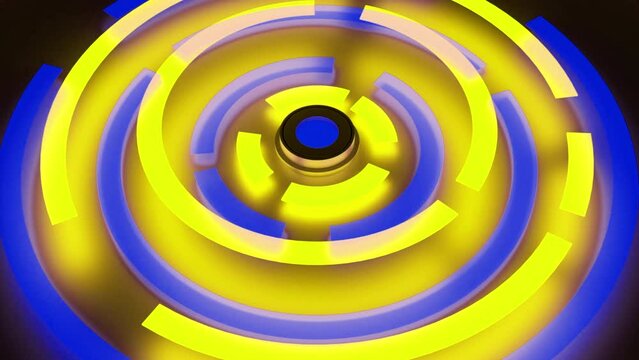 Abstract yellow and blue spinning detail of a machine, seamless loop. Design. Spinning part of a mechanism.