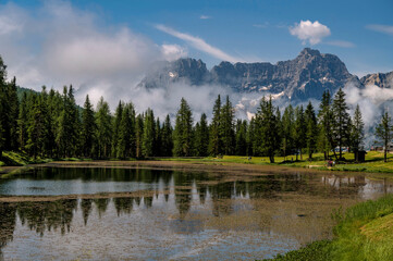 Fototapeta na wymiar Sunny summer day with blue sky and green forest in foreground in Alps, Dolomites, near ''Lago di Misurina''