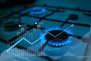 Gas flame from the gas burner with the natural gas price chart tending upwards. Concept of problems with natural gas, rising prices. - obrazy, fototapety, plakaty