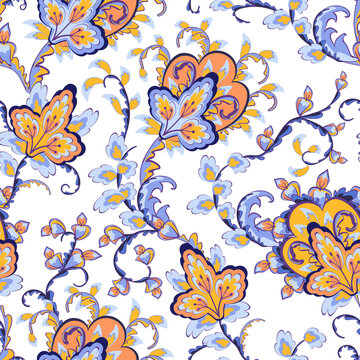 Seamless paisley pattern with baroque leaves and flowers. Hand drawn oriental tiles with turkish kukumber or buta. Vector laced decorative background. Floral textile. Indian or turkish motif
