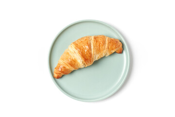 Breakfast or lunch concept. Flat lay croissants on plate isolated on white.