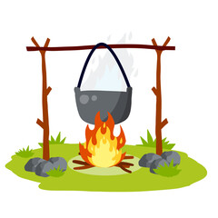Cooking on fire in pot. cauldron and campfire