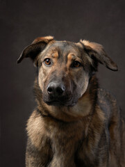 portrait of a beautiful dog on a brown canvas. Mix of breeds. Pet in the studio, artistic photo on the background