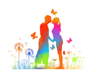 Obraz na płótnie Canvas Couple kissing on summer meadow, colorful silhouette . Happy Valentine's Day. Vector illustration