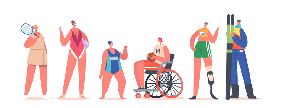 Paralympic and Healthy Women Athletes, Sportswomen Characters Swimmer with Mongolism, Tennisist, Basketball Player