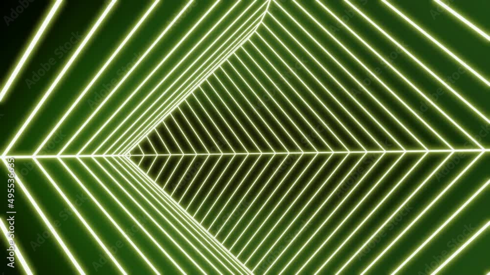 Poster fast moving triangular tunnel. design. triangular swirling tunnel with neon lines. cyber jump in neo