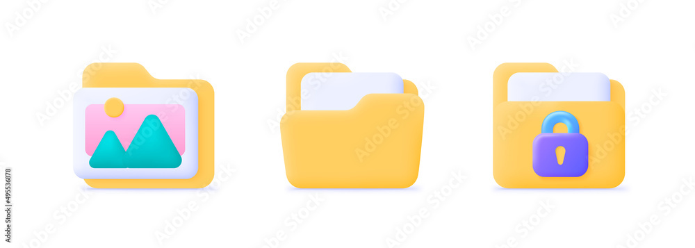 Poster 3d folder set for web design. yellow folder 3d icon. vector set illustration. 3d vector icon illustr