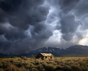 Dramatic stormy clouds and light, over an old barn, Eastern Sierra, California, USA