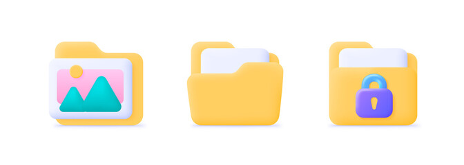 3d folder set for web design. Yellow folder 3d icon. Vector set illustration. 3d vector icon illustration